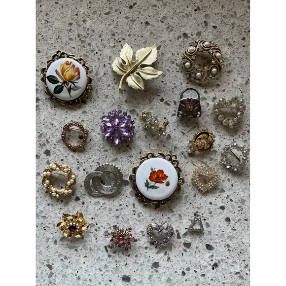 Jewelry - Vintage Brooch Lot 17pc Rhinestone Pearl Floral Porcelain Heart Poodle Pins